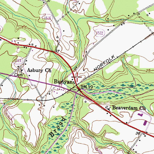 Topographic Map of Bunyan, NC
