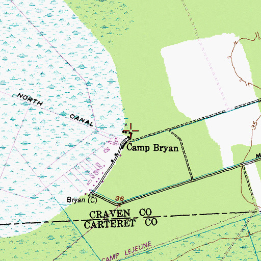 Topographic Map of Camp Bryan, NC