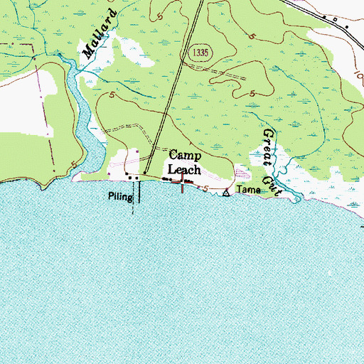 Topographic Map of Camp Leach, NC
