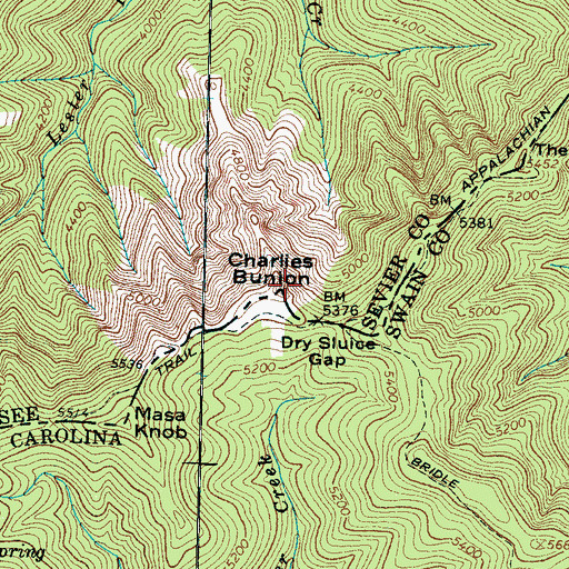 Topographic Map of Charlies Bunion, TN