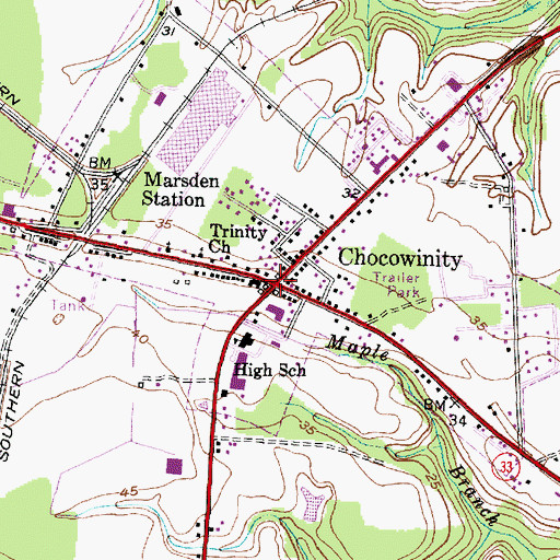 Topographic Map of Chocowinity, NC