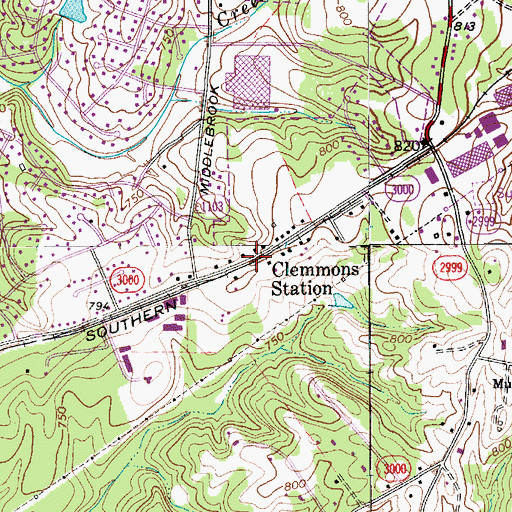 Topographic Map of Clemmons Station, NC