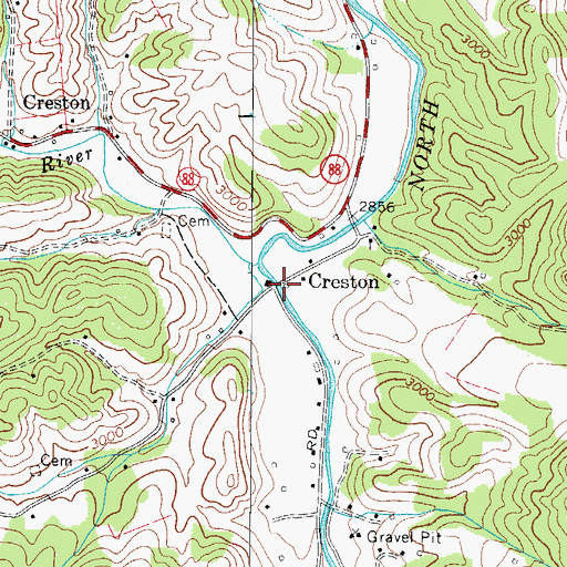 Topographic Map of Creston, NC