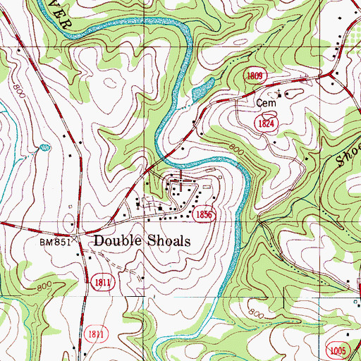 Topographic Map of Double Shoals, NC