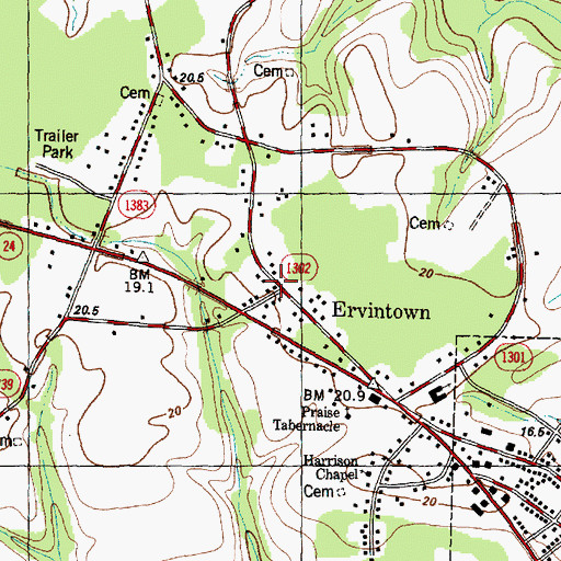 Topographic Map of Ervintown, NC