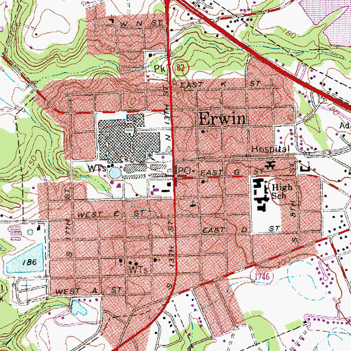 Topographic Map of Erwin, NC