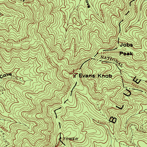 Topographic Map of Evans Knob, NC