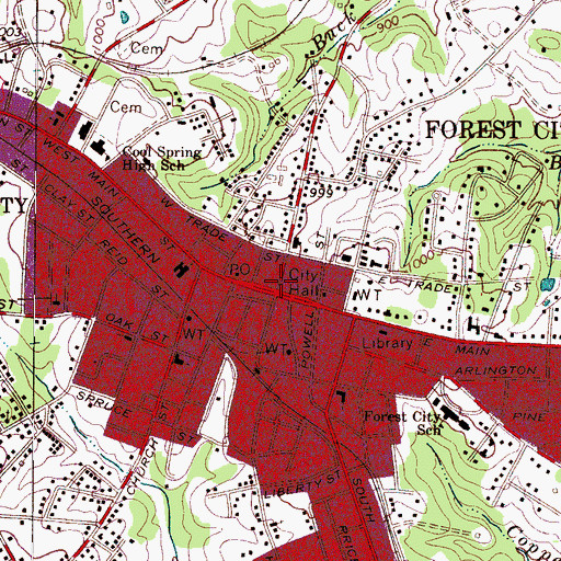 Topographic Map of Forest City, NC
