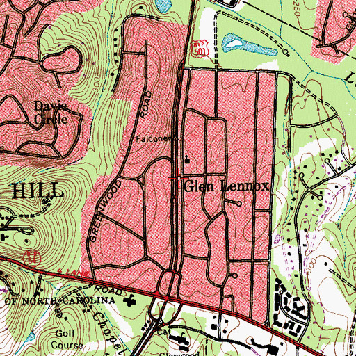 Topographic Map of Glen Lennox, NC