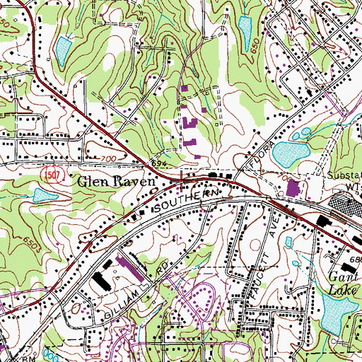 Topographic Map of Glen Raven, NC