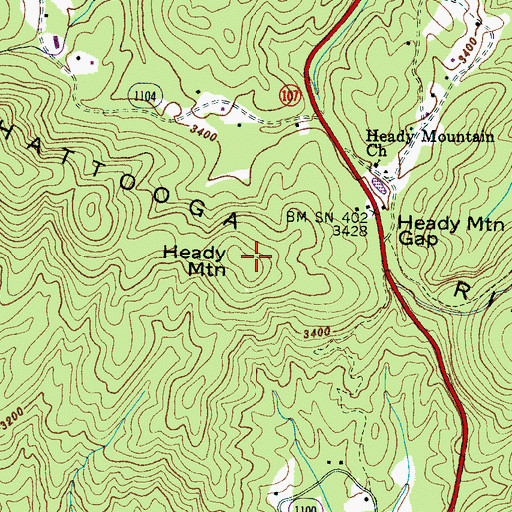 Topographic Map of Heady Mountain, NC