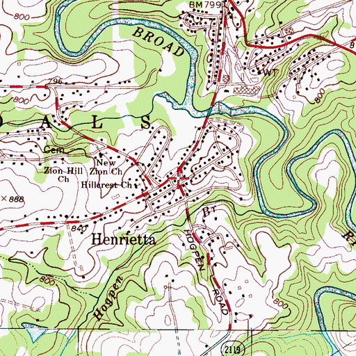 Topographic Map of Henrietta, NC