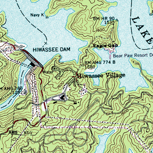 Topographic Map of Hiwassee Village, NC