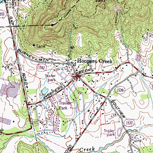 Topographic Map of Hoopers Creek, NC