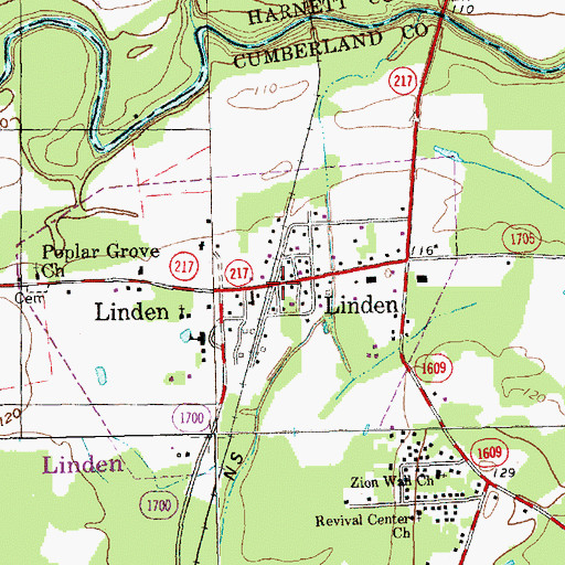 Topographic Map of Linden, NC