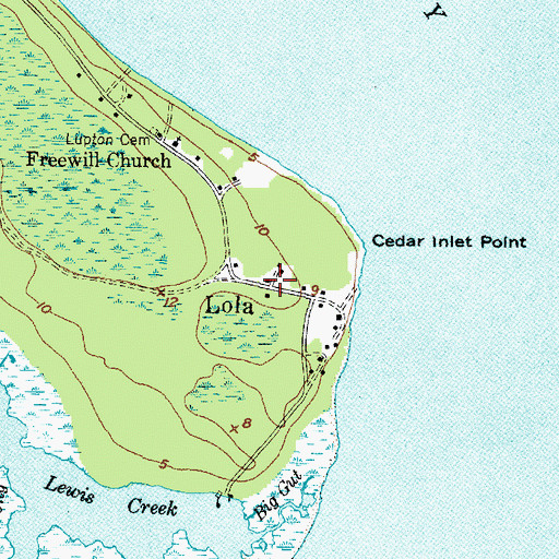 Topographic Map of Lola, NC