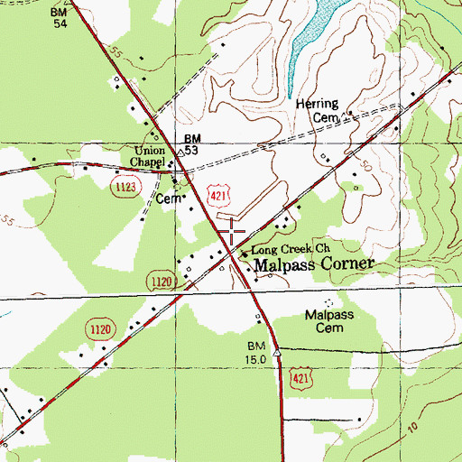 Topographic Map of Malpass Corner, NC