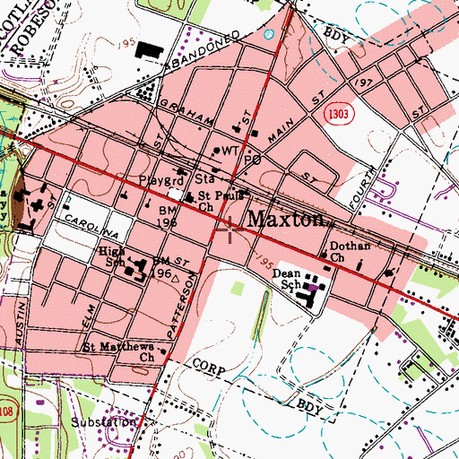 Topographic Map of Maxton, NC