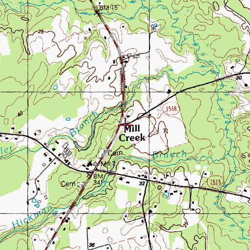 Topographic Map of Mill Creek, NC