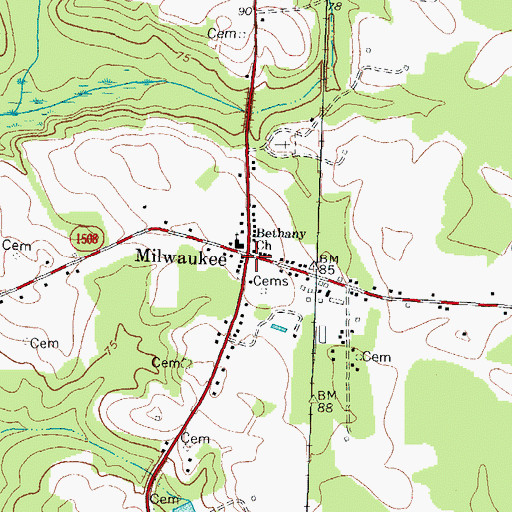 Topographic Map of Milwaukee, NC