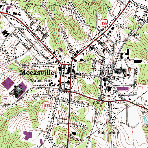 Topographic Map of Mocksville, NC