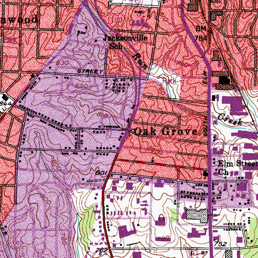 Topographic Map of Oak Grove, NC