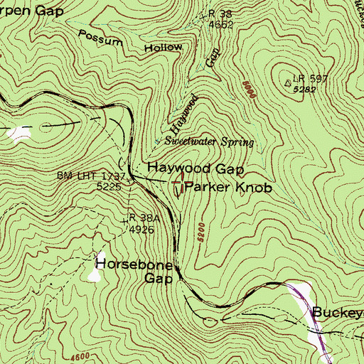 Topographic Map of Parker Knob, NC