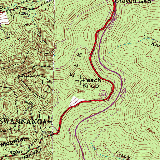 Topographic Map of Peach Knob, NC