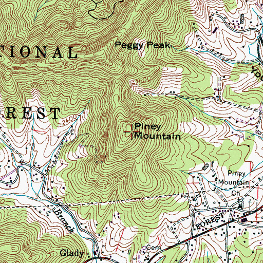 Topographic Map of Piney Mountain, NC