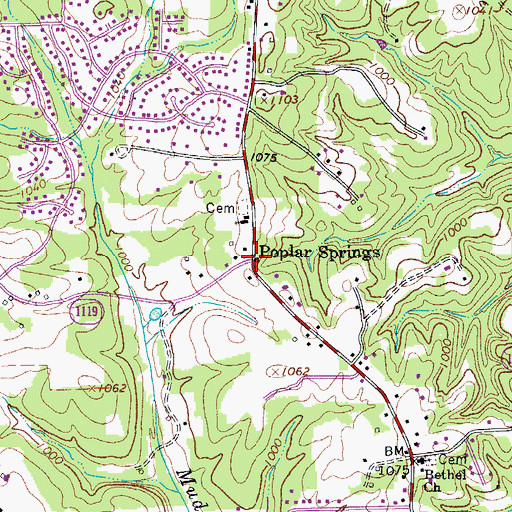 Topographic Map of Poplar Springs, NC