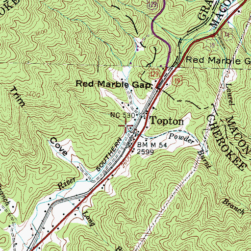 Topographic Map of Powder Burnt Branch, NC
