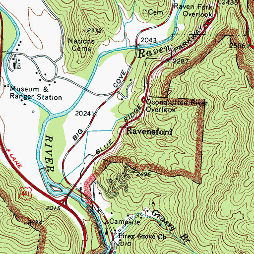 Topographic Map of Ravensford, NC