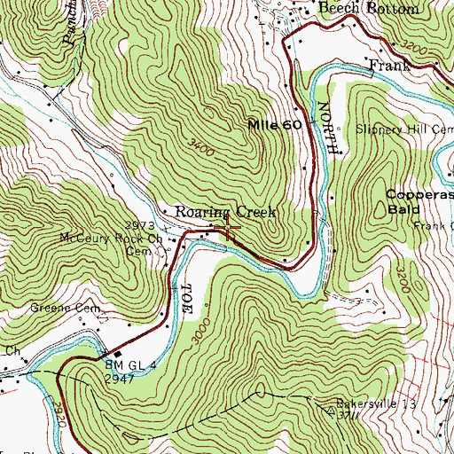 Topographic Map of Roaring Creek, NC