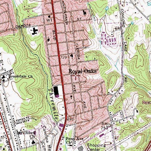 Topographic Map of Royal Oaks, NC