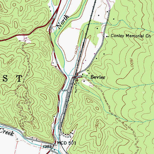 Topographic Map of Sevier, NC