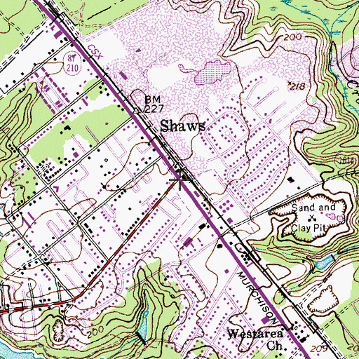 Topographic Map of Shaws, NC