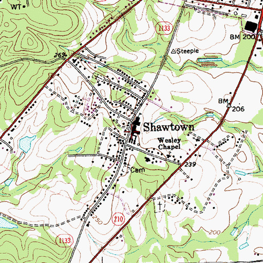 Topographic Map of Shawtown, NC