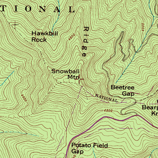 Topographic Map of Snowball Mountain, NC