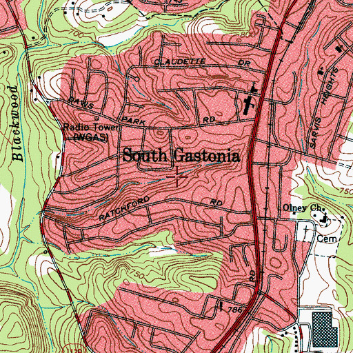 Topographic Map of South Gastonia, NC