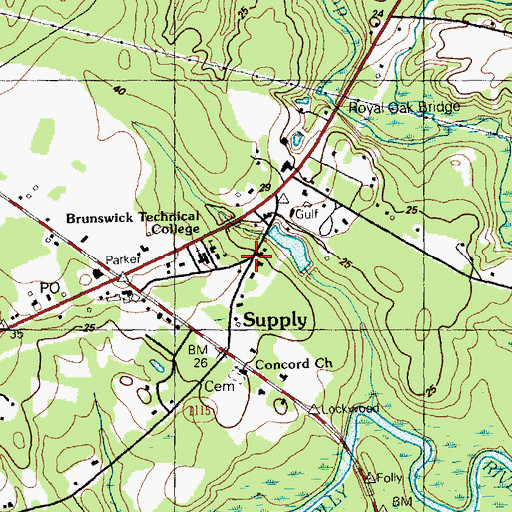 Topographic Map of Supply, NC