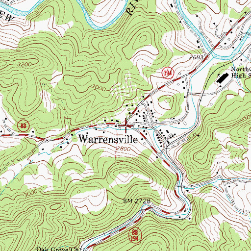 Topographic Map of Warrensville, NC