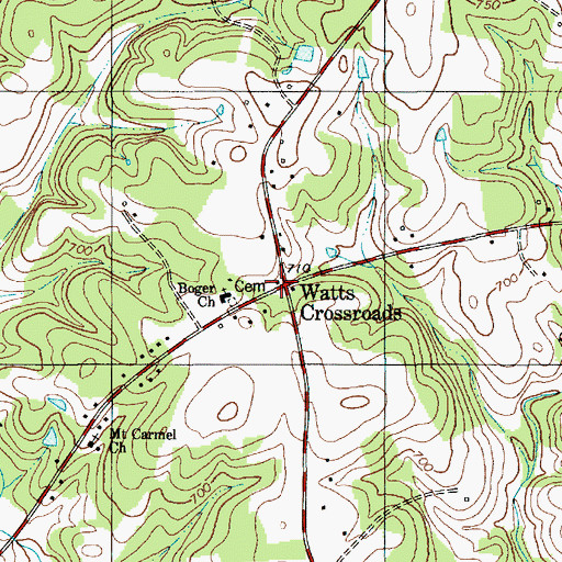 Topographic Map of Watts Crossroads, NC