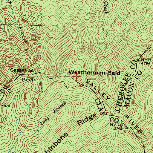 Topographic Map of Weatherman Bald, NC