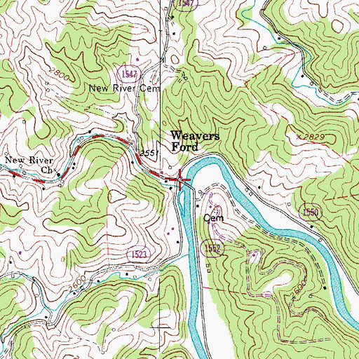 Topographic Map of Weavers Ford, NC
