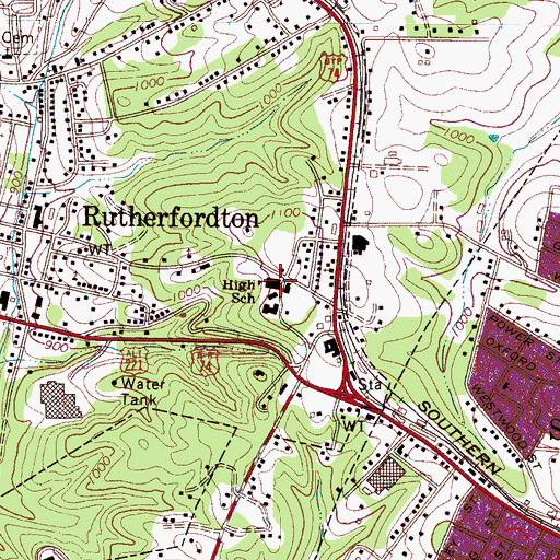 Topographic Map of Rutherfordton-Spindale High School, NC