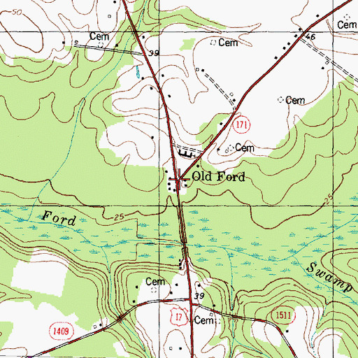Topographic Map of Old Ford, NC