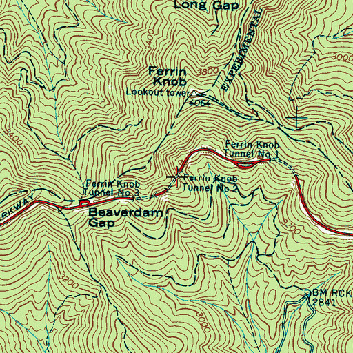 Topographic Map of Ferrin Knob Tunnel Number 2, NC