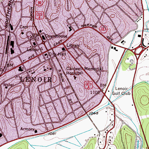 Topographic Map of Caldwell Memorial Hospital, NC