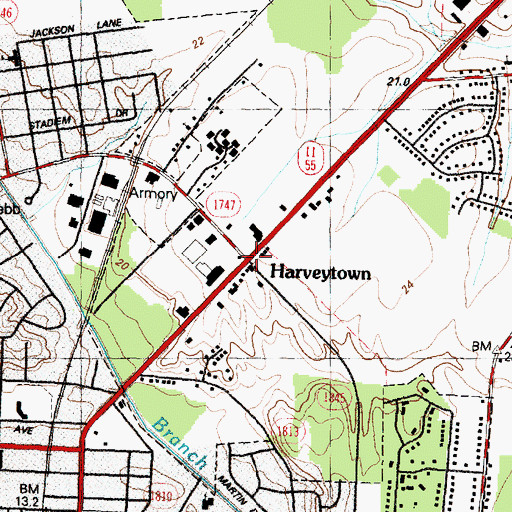 Topographic Map of Harveytown, NC