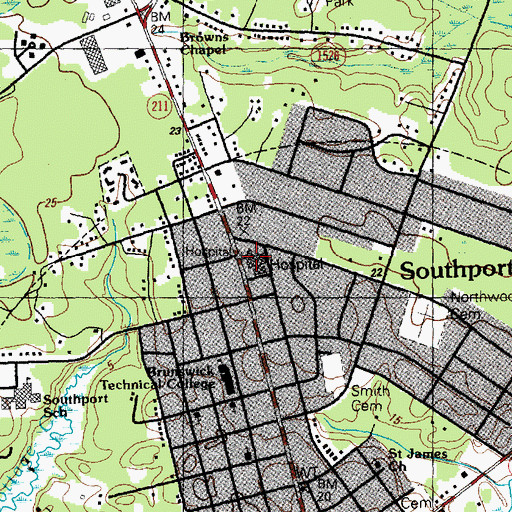 Topographic Map of J Arthur Dosher Memorial Hospital, NC